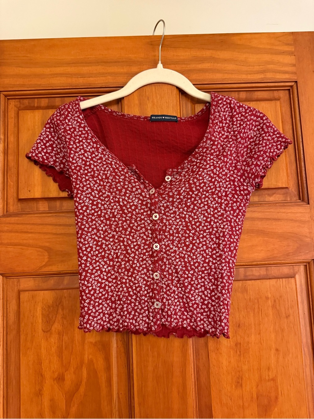 Brandy Melville Burgundy Red Floral Button-Front Crop Top